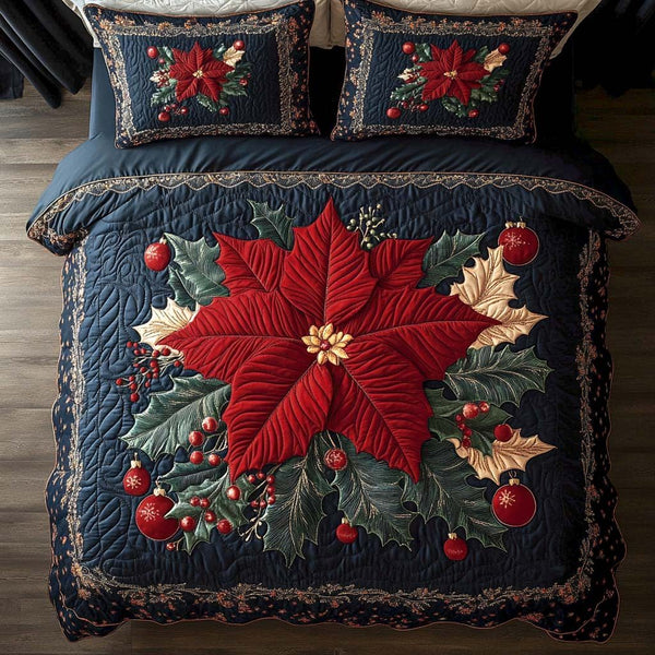 Poinsettia Holiday Glow quilted 3-piece bedding set on a made bed in a winter-styled bedroom