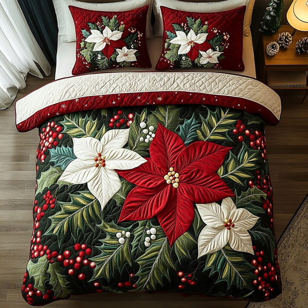 Poinsettia Joy quilted 3-piece bedding set on a made bed in a winter-styled bedroom