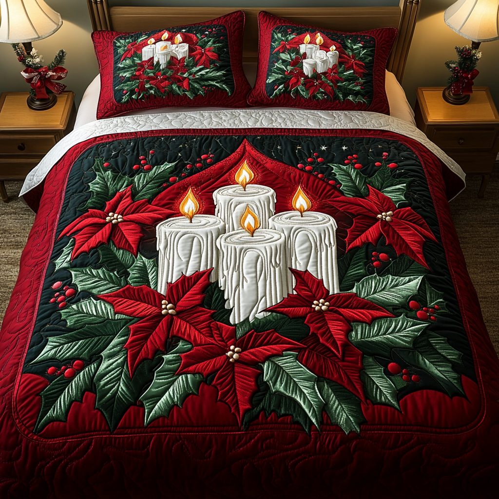 Poinsettia Light quilted 3-piece bedding set on a made bed in a winter-styled bedroom