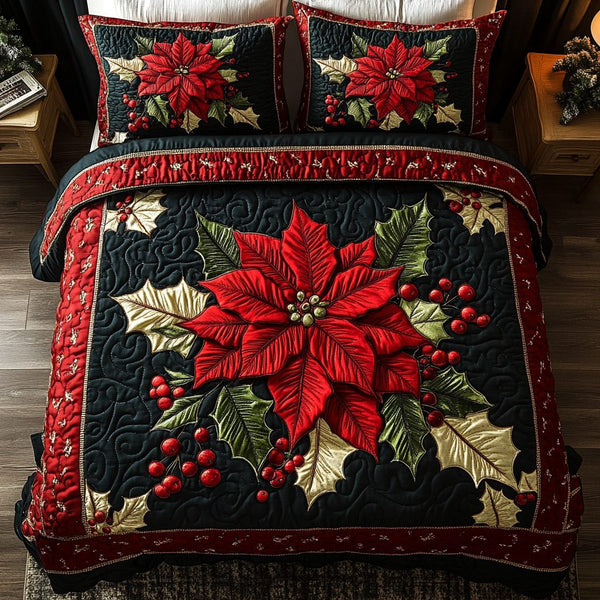 Poinsettia Magic quilted 3-piece bedding set on a made bed in a winter-styled bedroom