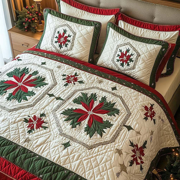 Poinsettia Medallion quilted 3-piece bedding set on a made bed in a winter-styled bedroom