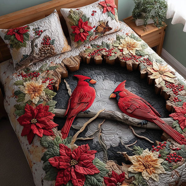 Poinsettia Nest quilted 3-piece bedding set on a made bed in a winter-styled bedroom