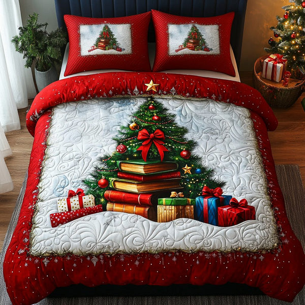 Poinsettia Pages quilted 3-piece bedding set on a made bed in a winter-styled bedroom