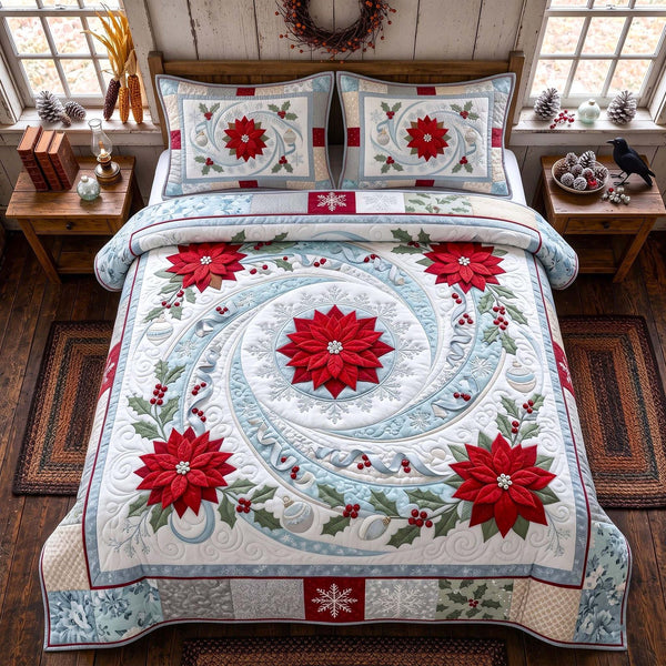 Poinsettia Snow quilted 3-piece bedding set on a made bed in a winter-styled bedroom
