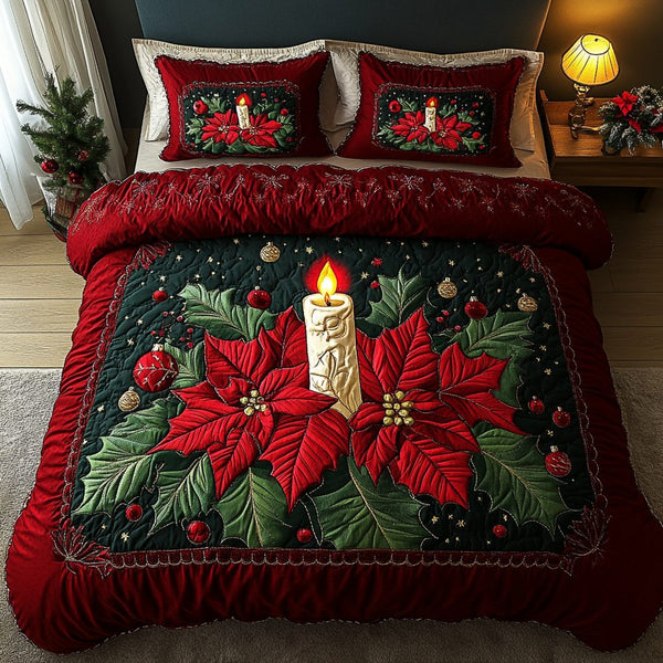 Poinsettia Spirit quilted 3-piece bedding set on a made bed in a winter-styled bedroom