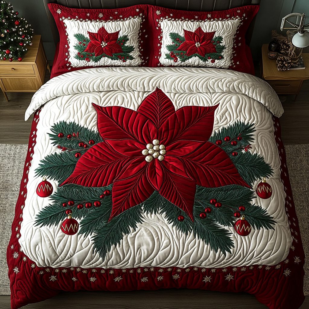 Poinsettia Star quilted 3-piece bedding set on a made bed in a winter-styled bedroom