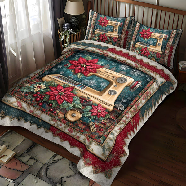 Poinsettia Stitch Delight quilted 3-piece bedding set on a made bed in a winter-styled bedroom