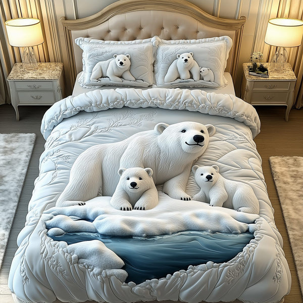 Polar Bear Family quilted 3-piece bedding set on a made bed with two matching pillow shams