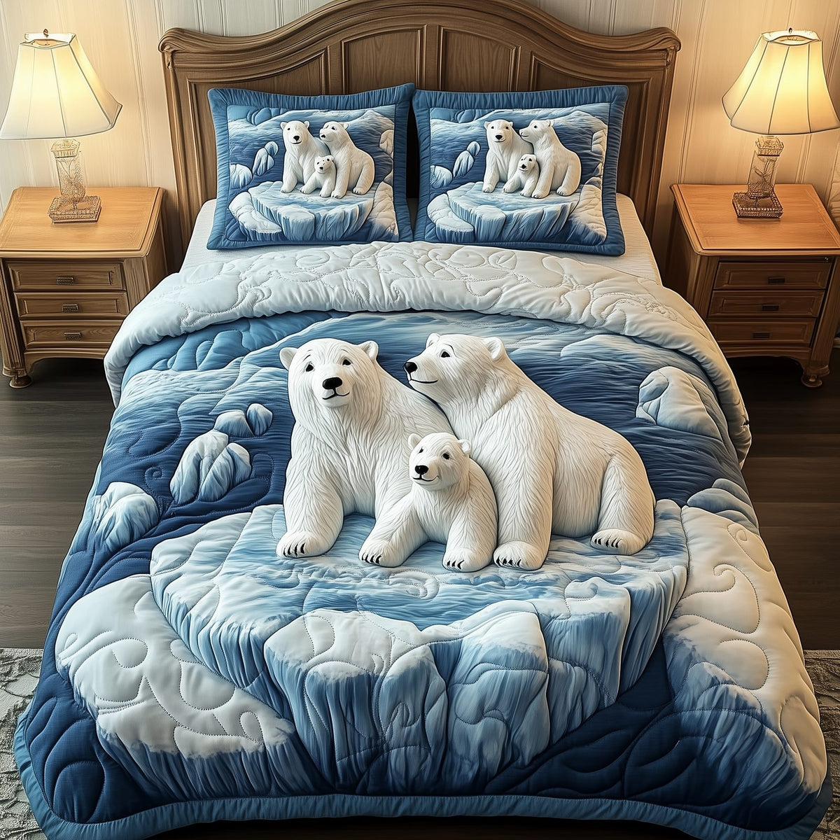 Polar Bear Family quilted 3-piece bedding set on a made bed with two matching pillow shams