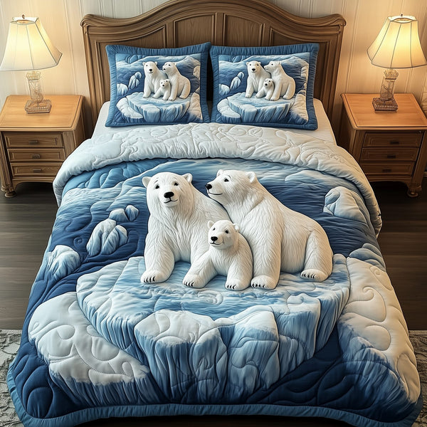 Polar Bear Family quilted 3-piece bedding set on a made bed with two matching pillow shams