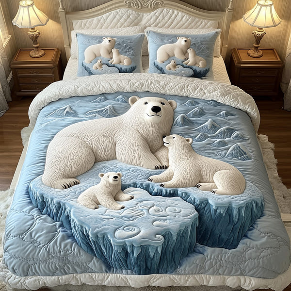 Polar Bear Family quilted 3-piece bedding set on a made bed with two matching pillow shams