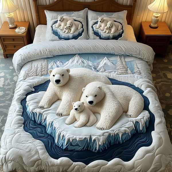 Polar Bear Family quilted 3-piece bedding set on a made bed with two matching pillow shams