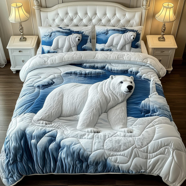 Polar Bear quilted 3-piece bedding set on a made bed with two matching pillow shams