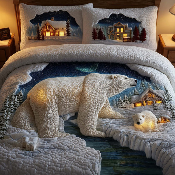 Polar Bear quilted 3-piece bedding set on a made bed with two matching pillow shams