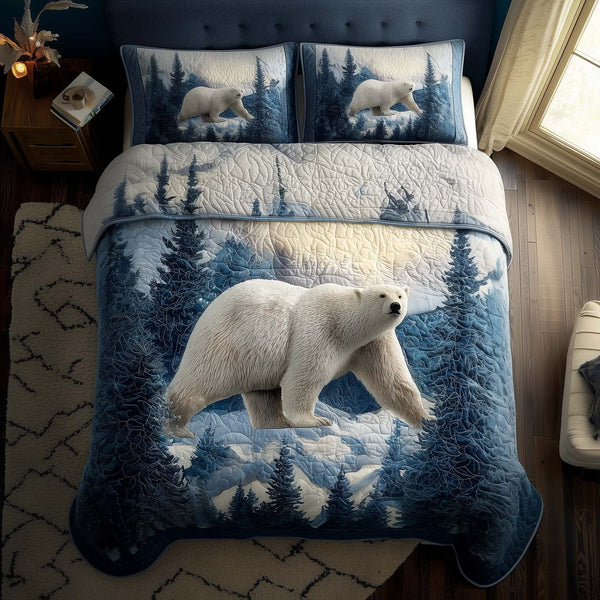 Polar Bear quilted 3-piece bedding set on a made bed with two matching pillow shams