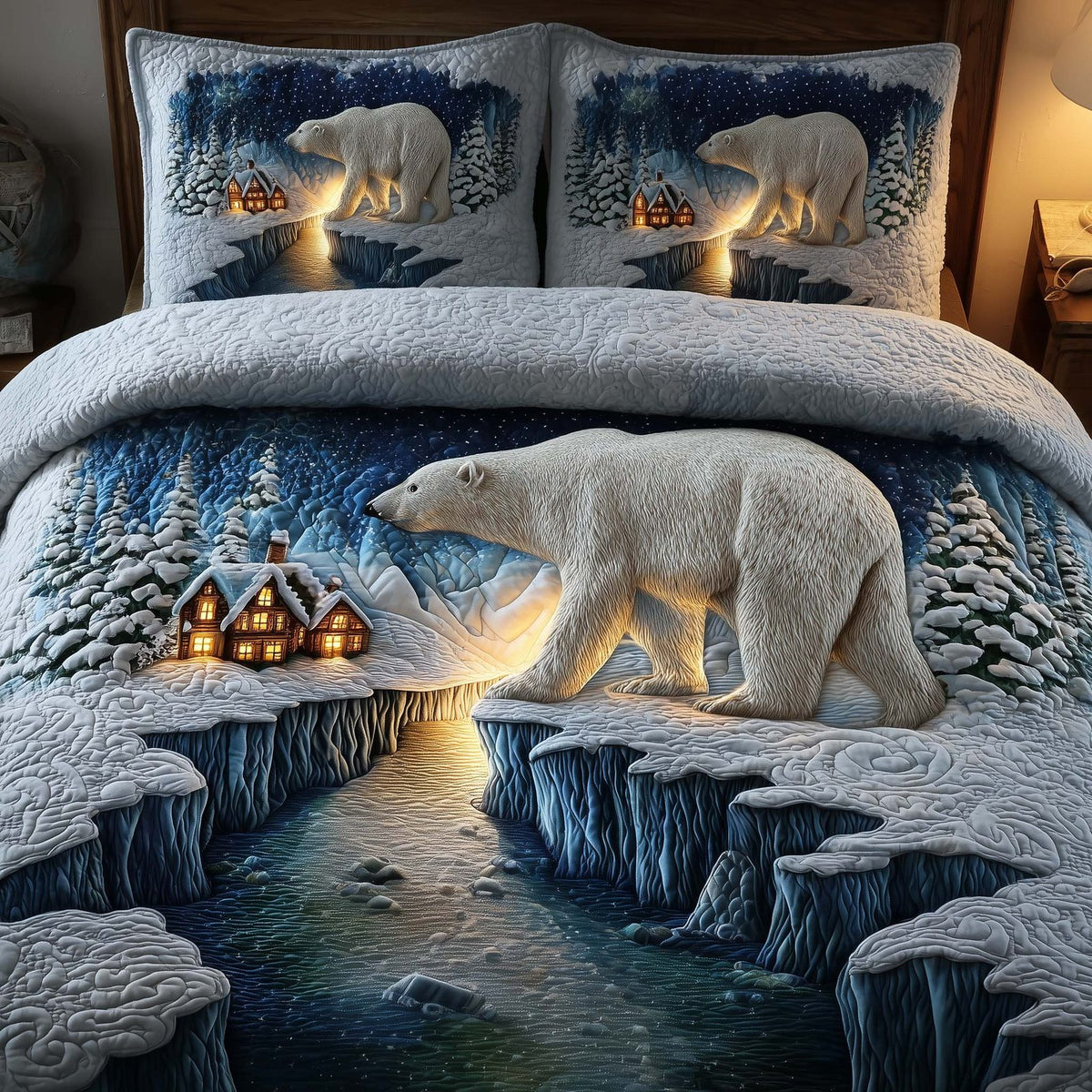 Polar Bear quilted 3-piece bedding set on a made bed with two matching pillow shams
