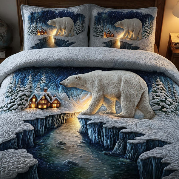 Polar Bear quilted 3-piece bedding set on a made bed with two matching pillow shams