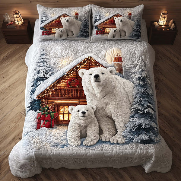 Polar Bear quilted 3-piece bedding set on a made bed with two matching pillow shams