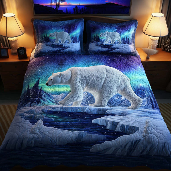Polar Bear quilted 3-piece bedding set on a made bed with two matching pillow shams