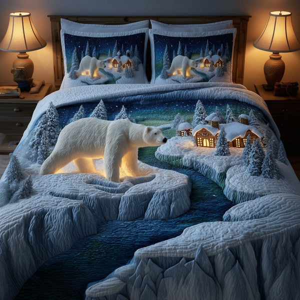 Polar Bear quilted 3-piece bedding set on a made bed with two matching pillow shams
