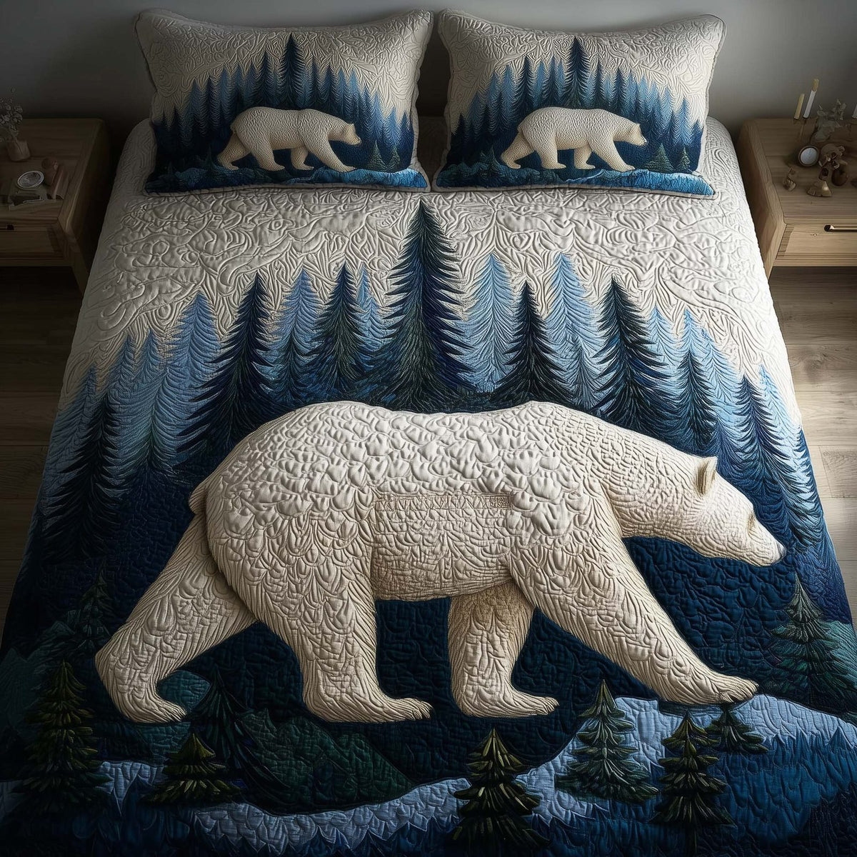 Polar Bear quilted 3-piece bedding set on a made bed with two matching pillow shams