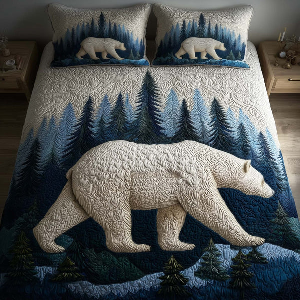 Polar Bear quilted 3-piece bedding set on a made bed with two matching pillow shams