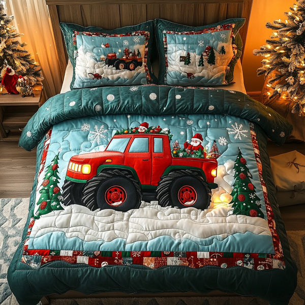 Polar Express Truck quilted 3-piece bedding set on a made bed with two matching pillow shams
