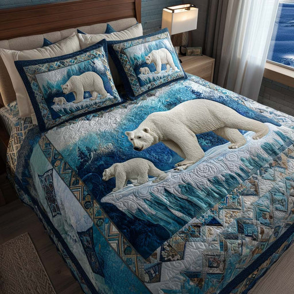 Polar Family quilted 3-piece bedding set on a made bed with two matching pillow shams