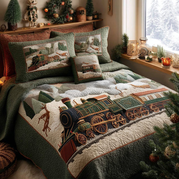 Polar Journey quilted 3-piece bedding set on a made bed with two matching pillow shams