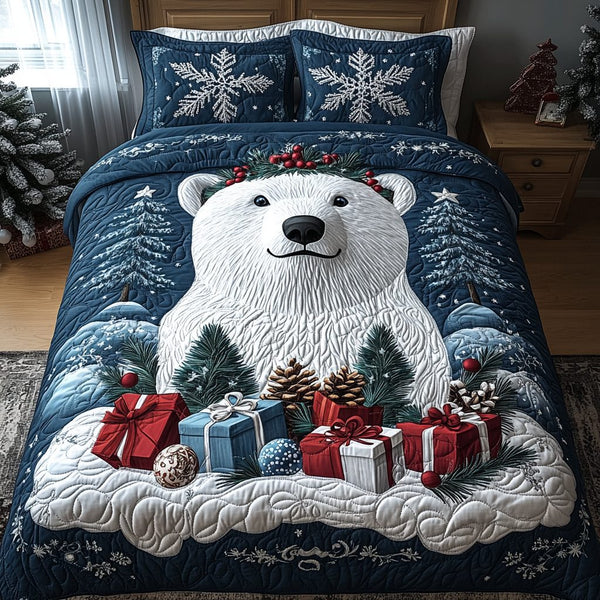 Polar Joy quilted 3-piece bedding set on a made bed with two matching pillow shams