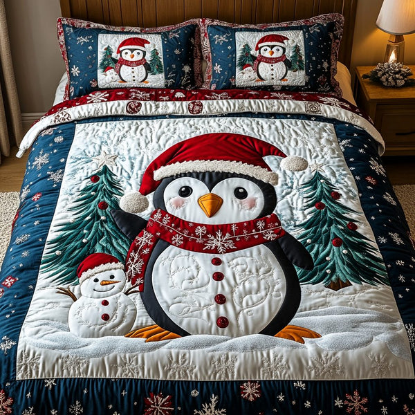 Polar Pals quilted 3-piece bedding set on a made bed with two matching pillow shams