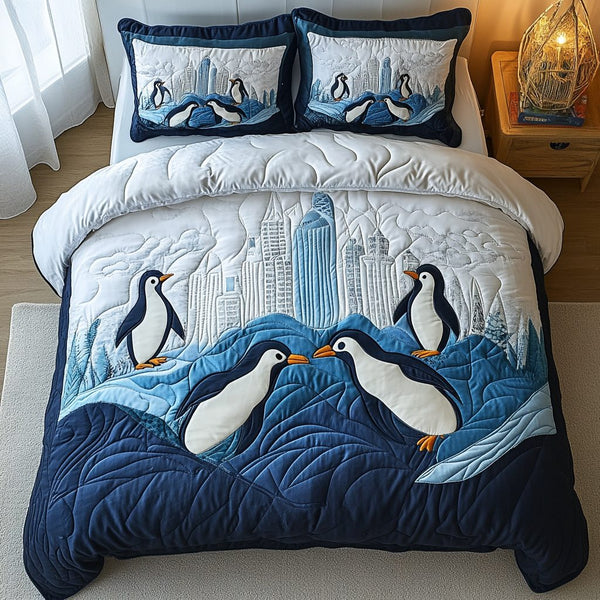Polar Pals quilted 3-piece bedding set on a made bed with two matching pillow shams