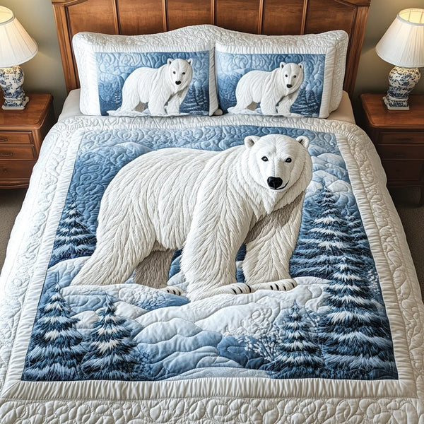 Polar Serenity quilted 3-piece bedding set on a made bed with two matching pillow shams
