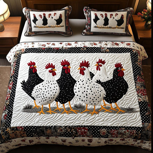 Polka Chickens quilted 3-piece bedding set on a made bed with two matching pillow shams