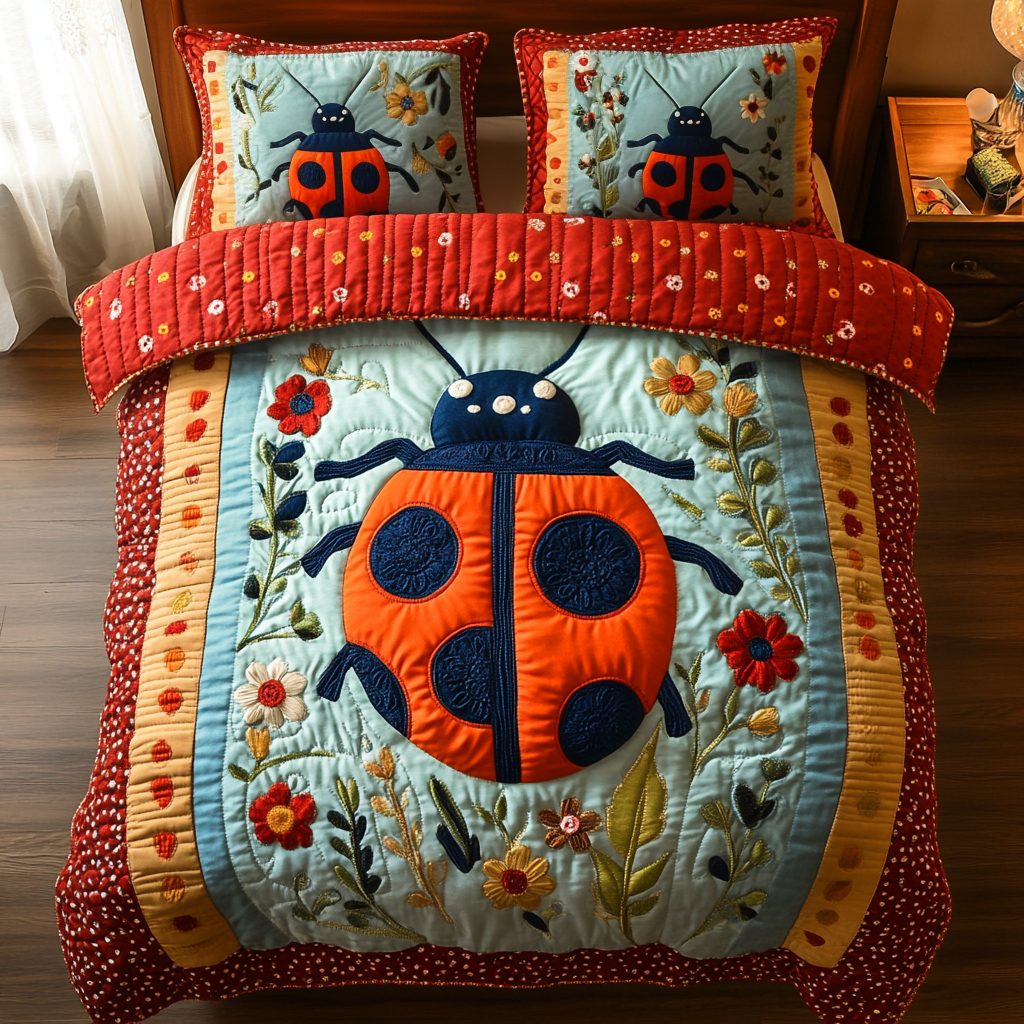 Polka Dot Nest quilted 3-piece bedding set on a made bed with two matching pillow shams