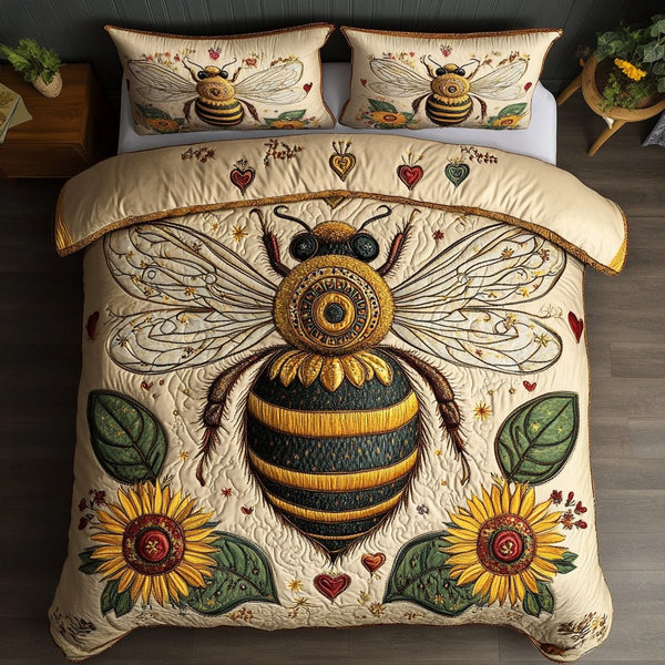 Pollinator Paradise quilted 3-piece bedding set on a made bed with two matching pillow shams
