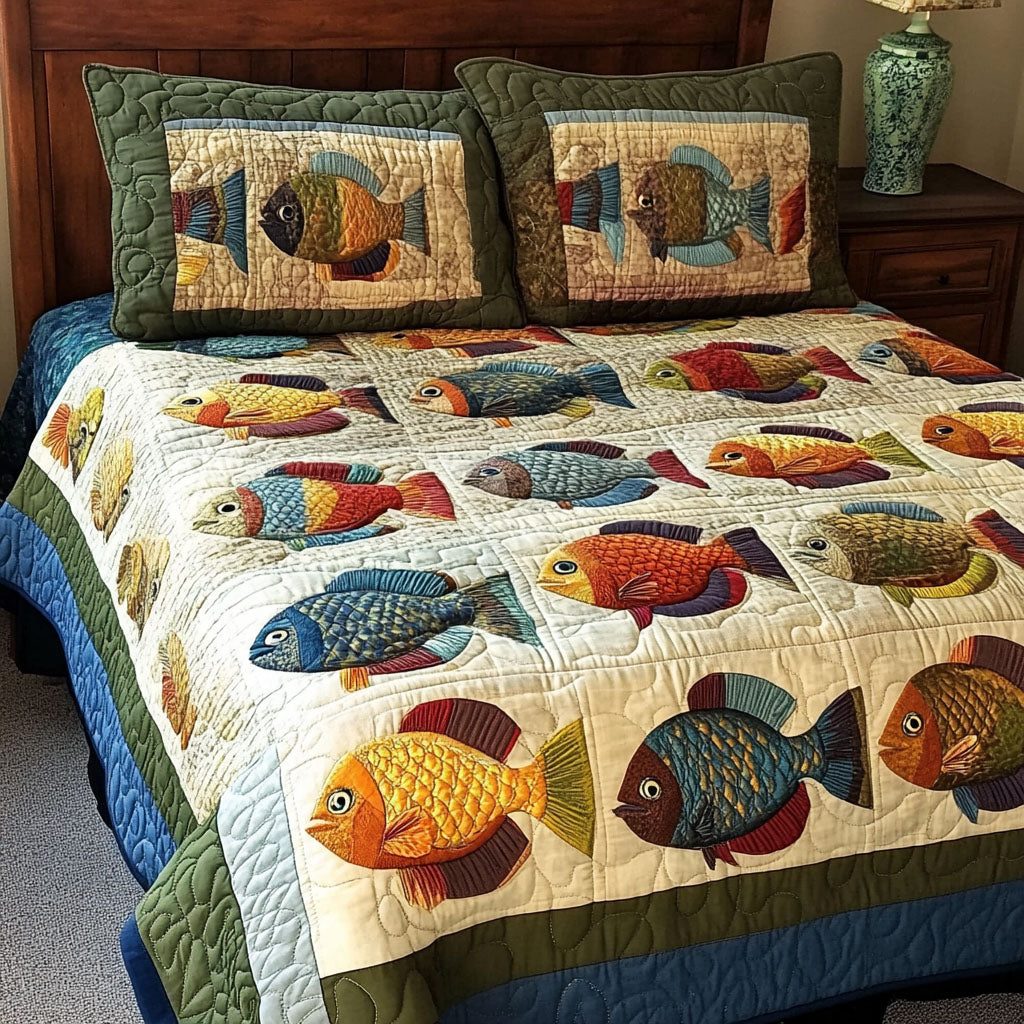 Pond Adventures quilted 3-piece bedding set on a made bed in a winter-styled bedroom