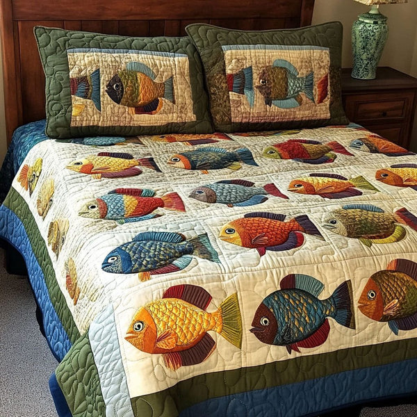 Pond Adventures quilted 3-piece bedding set on a made bed in a winter-styled bedroom