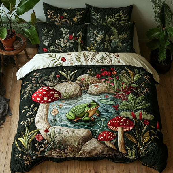 Pond Dreams quilted 3-piece bedding set on a made bed with two matching pillow shams