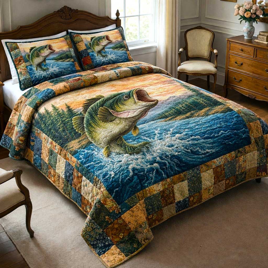 Pond Fishing quilted 3-piece bedding set on a made bed with two matching pillow shams