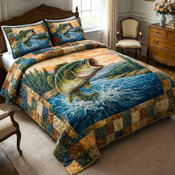 Pond Fishing quilted 3-piece bedding set on a made bed with two matching pillow shams