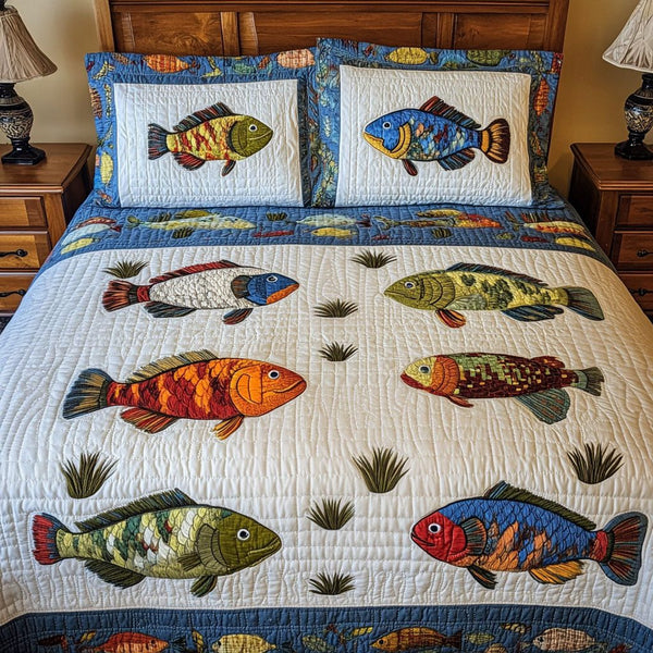 Pond Life quilted 3-piece bedding set on a made bed with two matching pillow shams