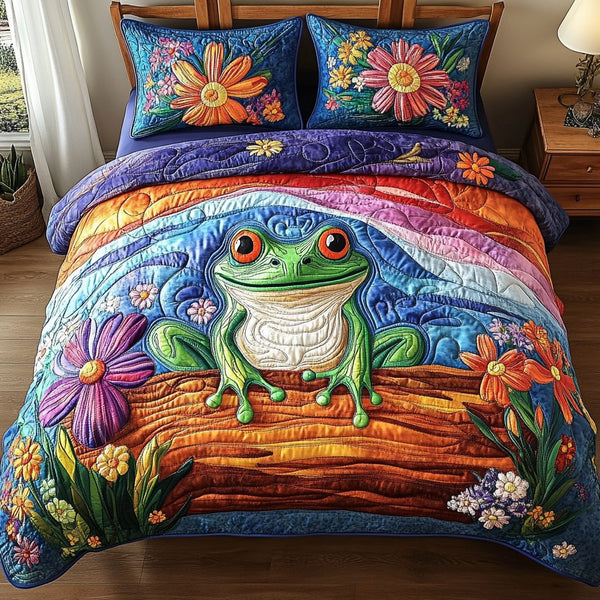 Pond Pals quilted 3-piece bedding set on a made bed with two matching pillow shams