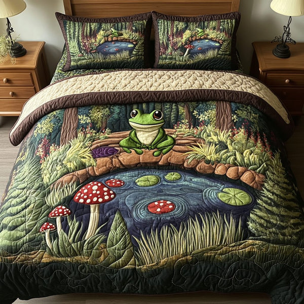 Pond Peace quilted 3-piece bedding set on a made bed with two matching pillow shams