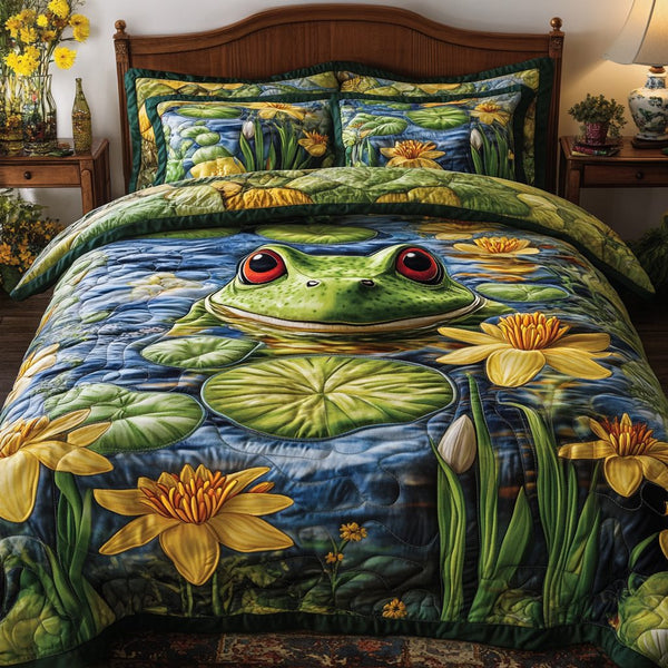 Pond Peace quilted 3-piece bedding set on a made bed with two matching pillow shams