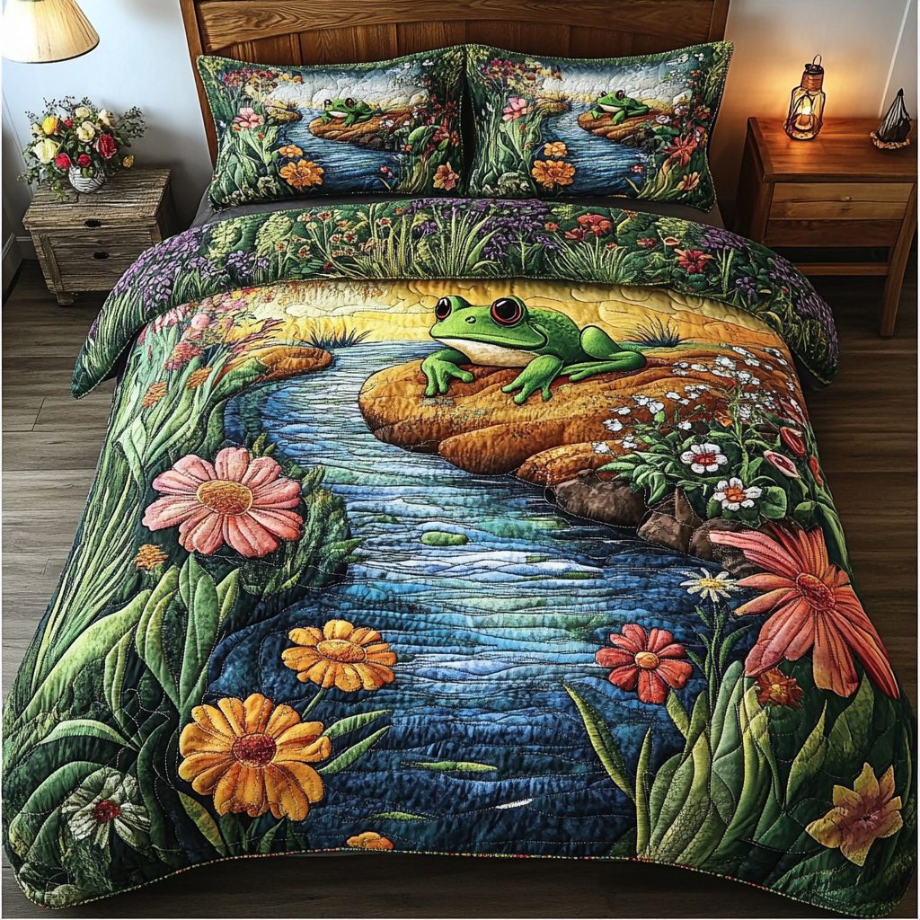 Pond Serenade quilted 3-piece bedding set on a made bed with two matching pillow shams