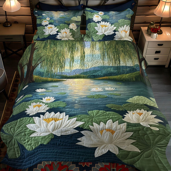 Pond Serenity quilted 3-piece bedding set on a made bed with two matching pillow shams