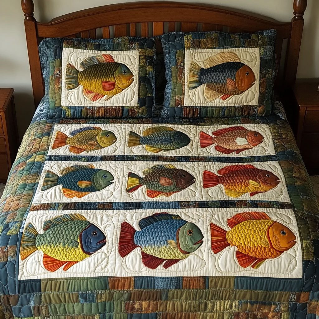 Pondside Bluegill quilted 3-piece bedding set on a made bed with two matching pillow shams
