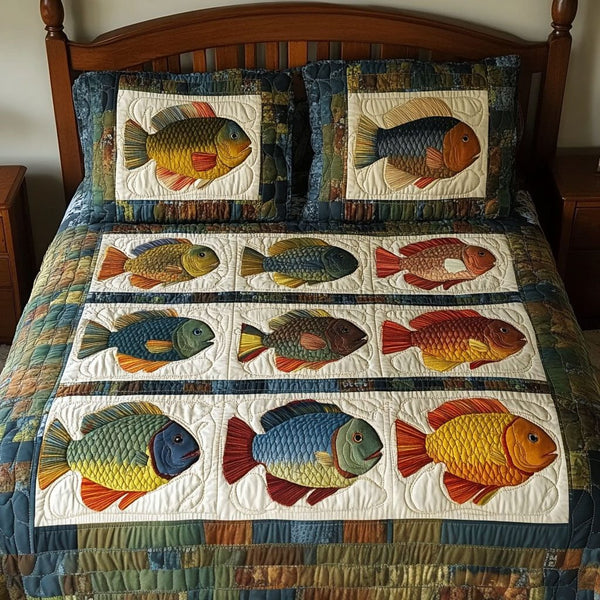 Pondside Bluegill quilted 3-piece bedding set on a made bed with two matching pillow shams