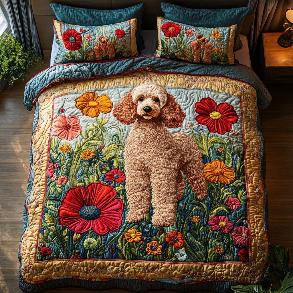 Poodle Charm quilted 3-piece bedding set on a made bed with two matching pillow shams